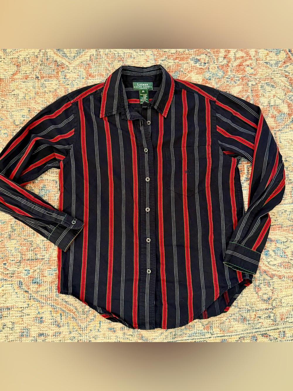 Lauren Ralph Lauren Petite Shirt 8P Navy Red Stripe Monogram Cotton Button Down - Picture 6 of 10